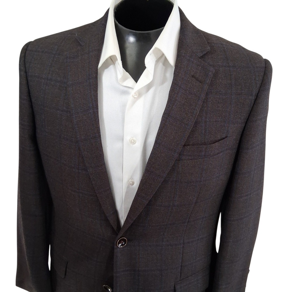 Renoir Sport Coat Mens 40R Brown Plaid Windowpane Classic Fit Blazer Double Vent